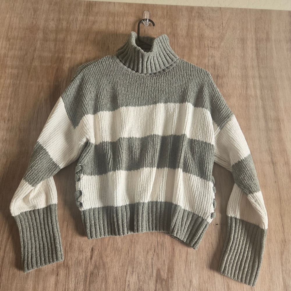 Pink Republic Chenille Like Turtleneck Sweater Stripe Lace Up Sides Sage Green L